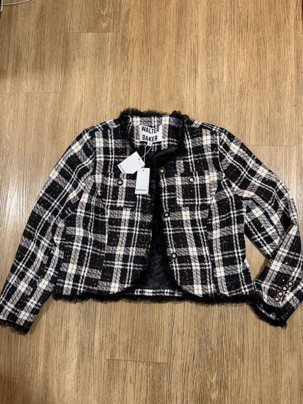 New Walter Baker Black and White Plaid Tweed Cropped Jacket with Fringed Trim Xl